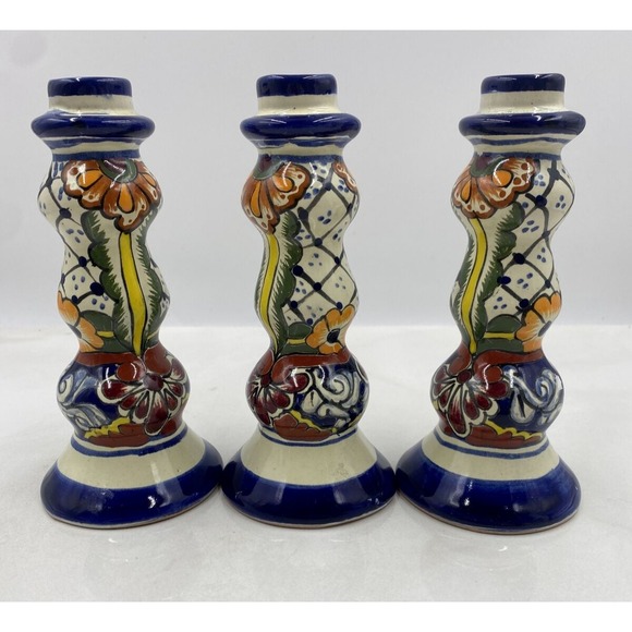 Talavera Pottery Candlestick Holders Mexican Folk Art Floral Set 3 7 5/8" Tall - Picture 1 of 9